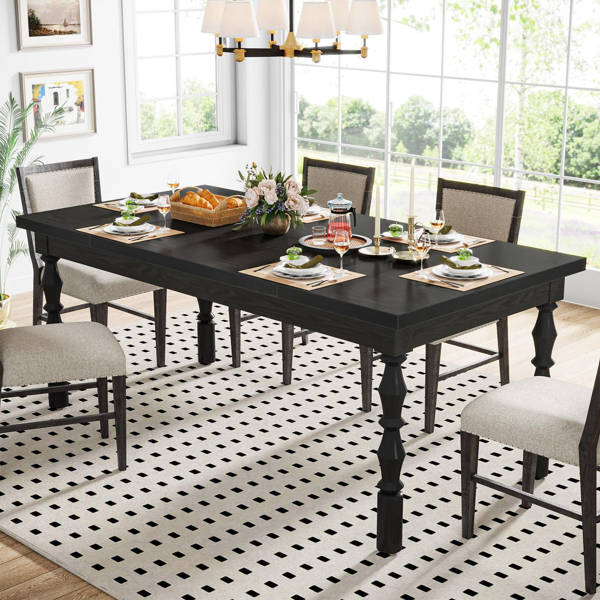 Tribesigns Wood Black Dining Table for 4-6 People, 62” Farmhouse Large Rectangle Kitchen Table, Modern Dinner Table Kitchen & Dining Room Furniture with Carved Turned Legs Tribesigns