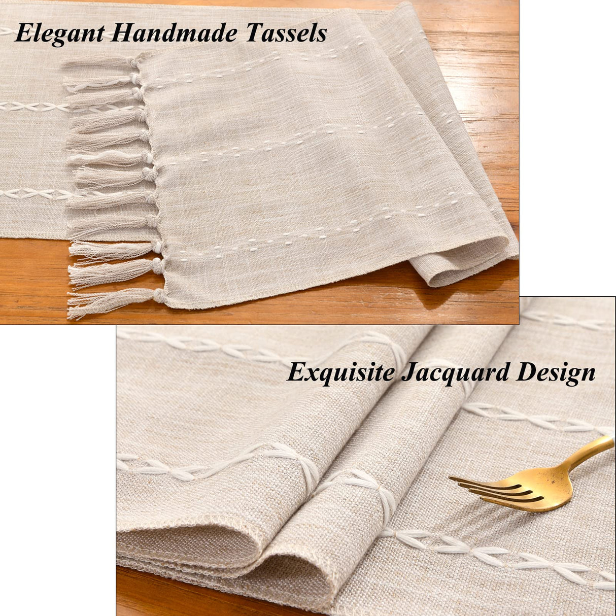 Wracra Rustic Linen Table Runner Farmhouse Style Table Runners 72 inches Long Embroidered Fall Table Runner with Hand-Tassels for Party, Dresser and Dining Room Decorations(Light Coffee, 13"×72") Wracra