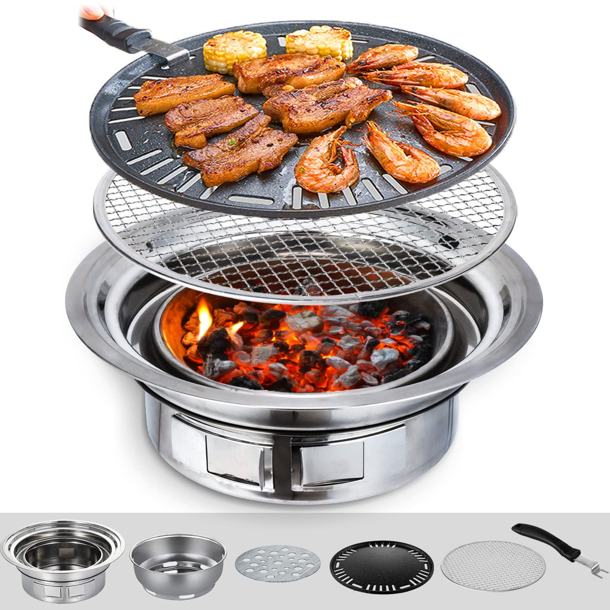 Puraville Charcoal Barbecue Grill, 13.7 Inches Non-Stick Korean BBQ Grill, Portable Stainless Steel Charcoal Stove for Home Party Outdoor Camping AdikeMicegen