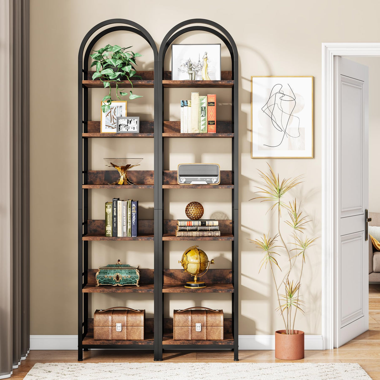 78.7" Industrial Wood 6-Tier Arched Bookshelf with Metal Frame in Rustic Brown Tribesigns