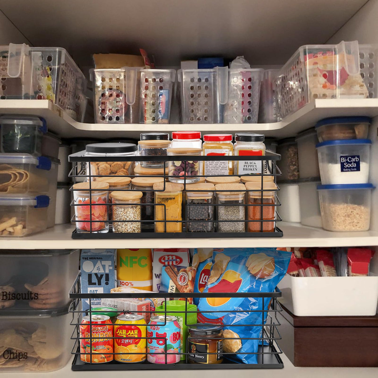 TOPZEA Black Metal Food Storage Basket for Pantry Organization, Large Steel Wire Farmhouse Basket Organizer Bin with Handles for Organizing Bathroom, Kitchen, Shelf, Cabinet, 16"x 12.5"x 6" TOPZEA