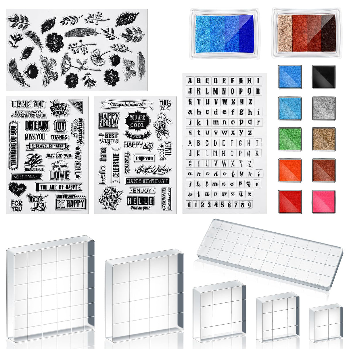 Zonon 22 Pieces Acrylic Stamp Blocks Tools Set Include 6 Clear Stamp Blocks, 4 Transparent Silicone Seals, 12 Craft Ink Pad for Scrapbooking Card Making Zonon