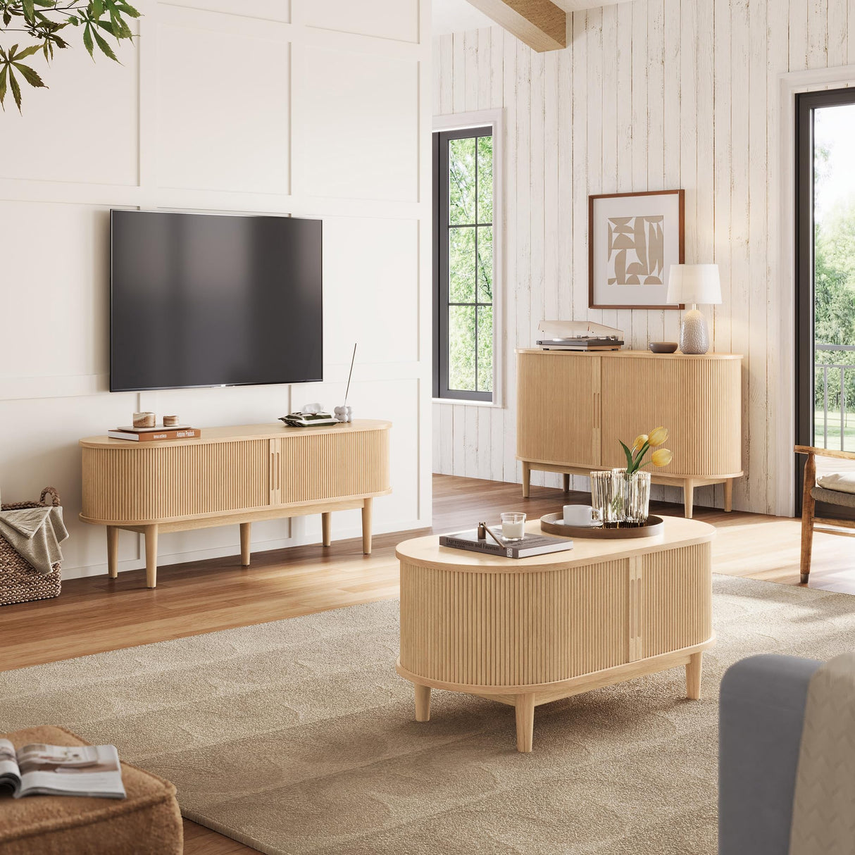 LINSY HOME TV Stand for 65" TV, Mid-Century Modern 58" Entertainment Center with Sliding Tambour Door and Storage Cabinet, Cruved TV Media Console Table for Living Room, Bedroom, Oak LINSY HOME