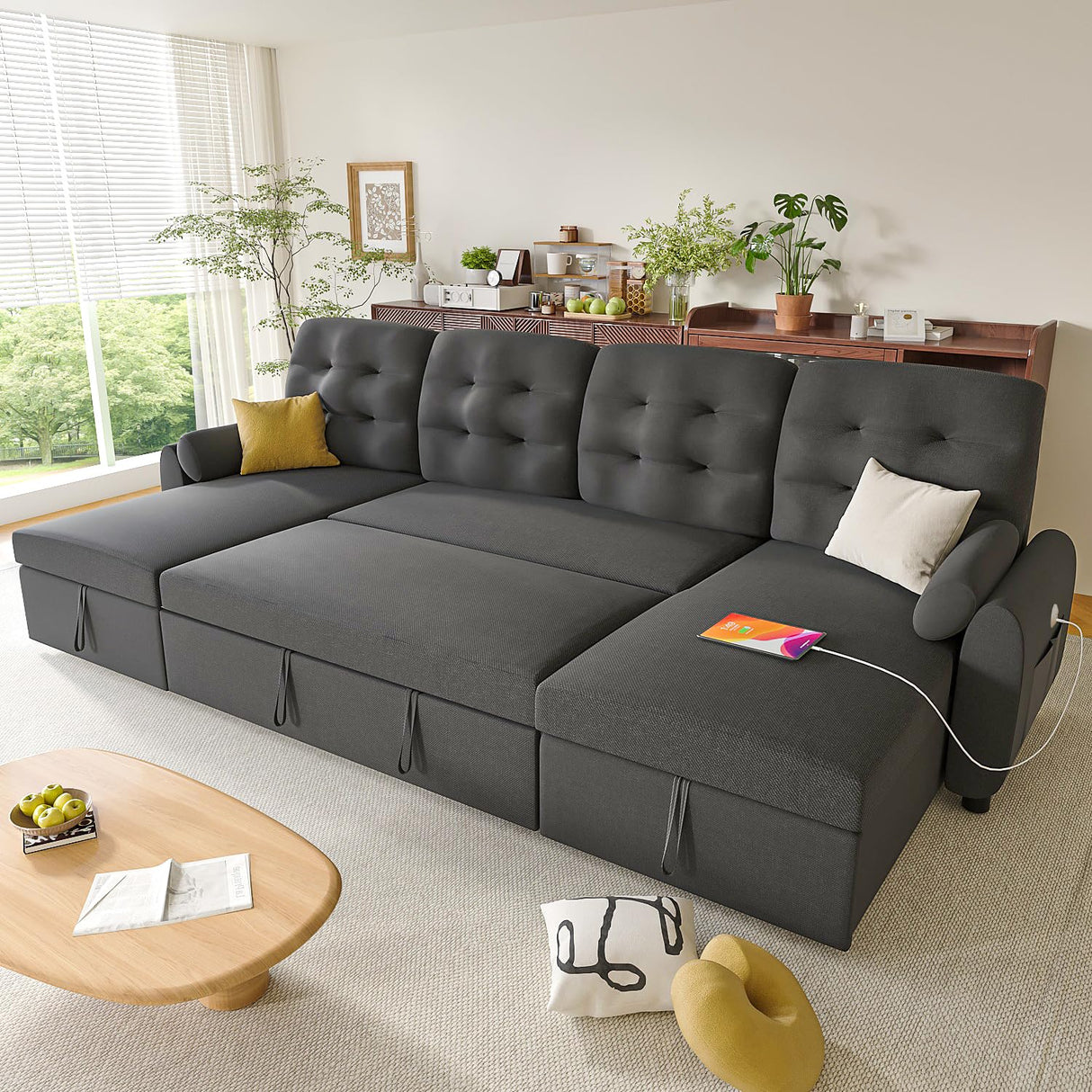 Ucloveria Sleeper Sofa Bed, 112" U-Shaped Sectional Sofa Couches for Living Room, Pull Out Couch Bed with Dual Reversible Storage Chaise | USB Ports | Side Pockets | Removable Backrest Ucloveria