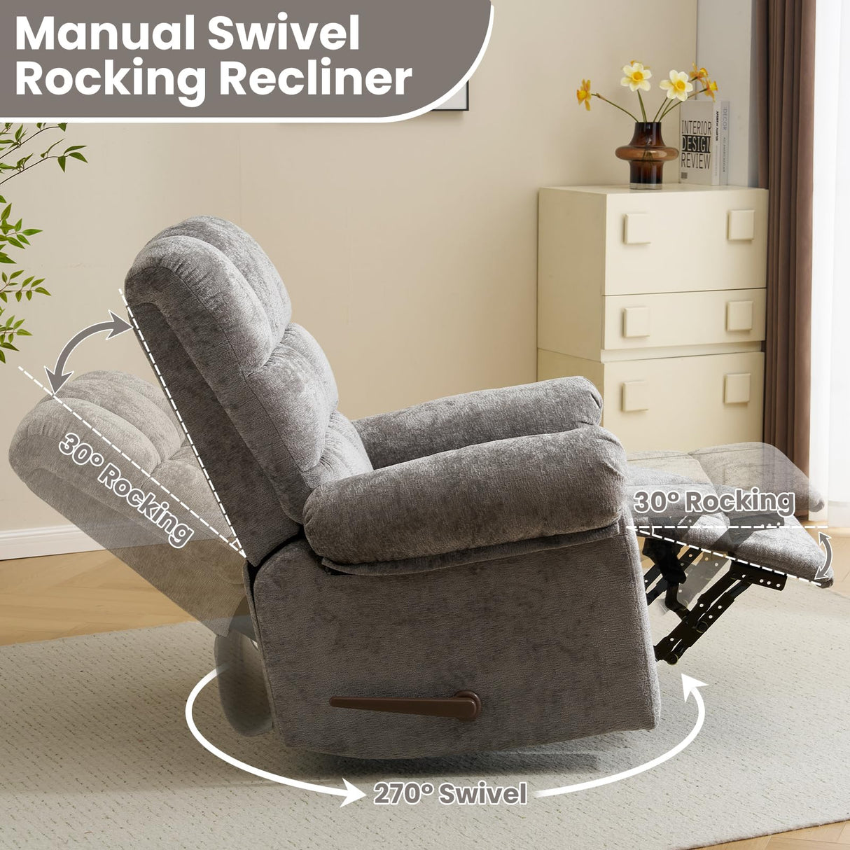 Oversized Swivel Rocker Recliner with Massage and Heat, 26" Extra Wide Manual Recliner for Adults & Big Man, Overstuffed Rocking Chair with High Back for Living Room, Grey Chenille RUTOX
