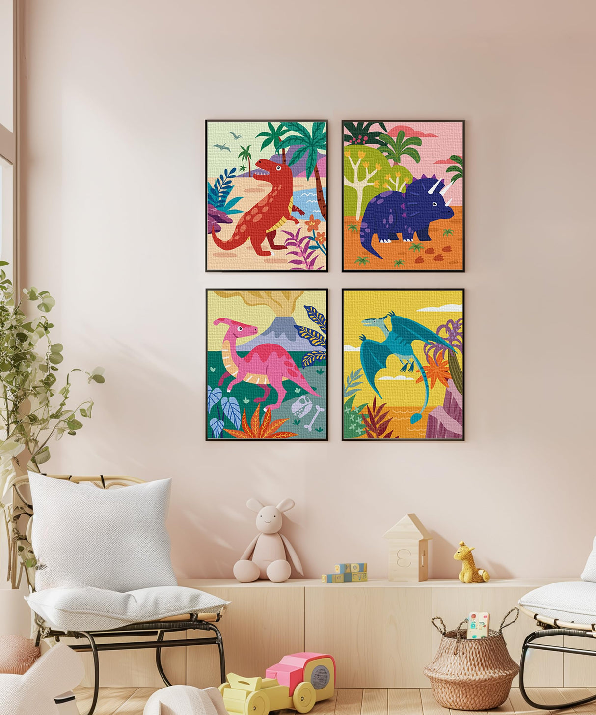 SUMGAR DIY Paint by Numbers Kit for Kids 4 Sets Cartoon Dinosaurs Paint by Numbers Christmas Gift for 8-12 Children Beginner 16x20 Inch Without Frame Acrylic Oil Painting Drawing Craft Work SUMGAR