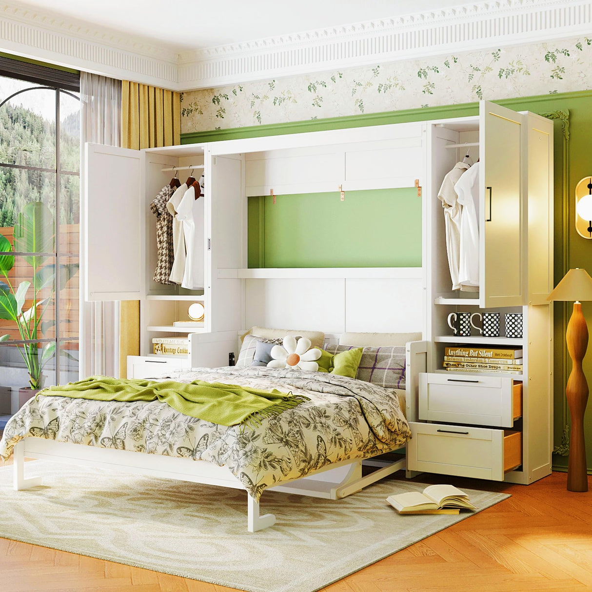 Brabrety Queen Size Murphy Bed Wall Bed with Desk and Closet,Drawers and Shelves,for Small Spaces Studio Study Office Guest Room Use (White#Desk, Queen) Brabrety