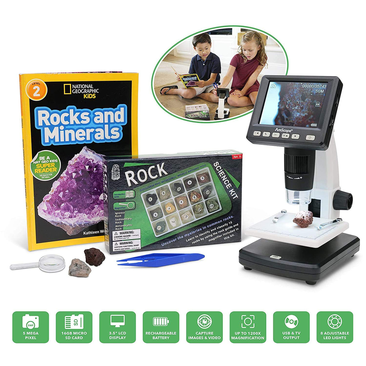 AmScope IQCREW Kid's Premium Portable LCD Color Digital Microscope with Rock and Mineral Collecting Look and Learn Activity Kit AmScope