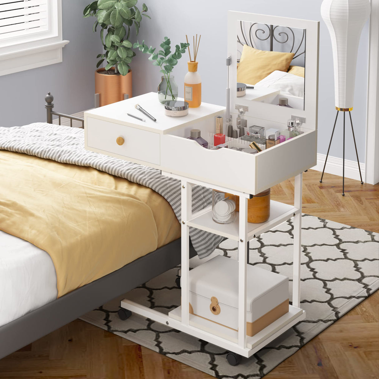 Elephance Moveable Vanity Desk with Mirror for Small Spaces, Makeup Dressing Table Computer Desk with Drawers and Shelves for Bedroom Elephance