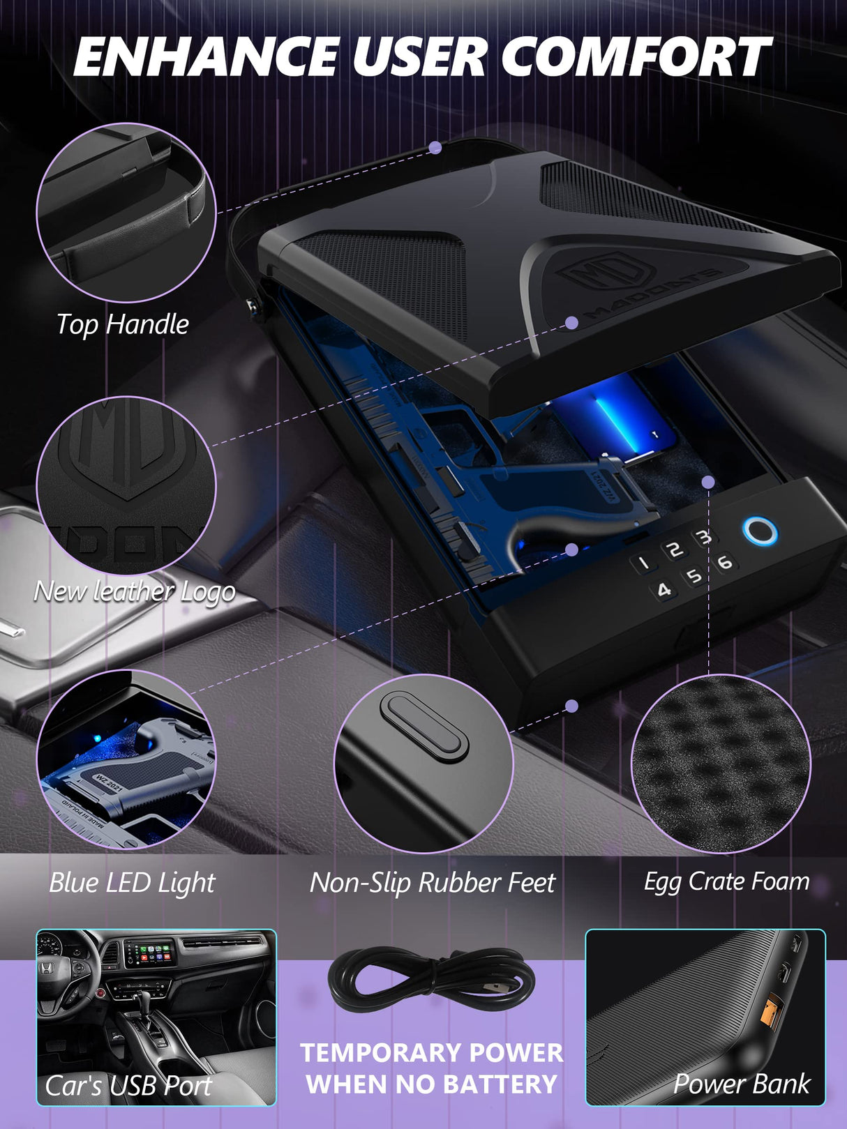 MD MADOATS Car Gun Safe, Portable Biometric Safes for Pistols with Cable, Fingerprint & Keypad & Key Access Handgun Lock Box for Vehicle Travel Home (Leather Logo) MD MADOATS