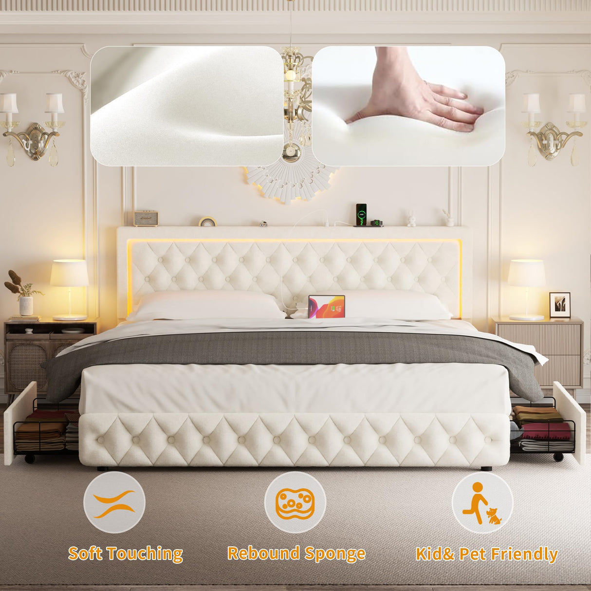 VOHOBY Queen Bed Frame with 4 Storage Drawers, Velvet Upholstered Bed Frame Queen Size with Charging Station and LED Lights, 46" Adjustable Button Tufted Headboard, No Box Spring Needed, Beige VOHOBY
