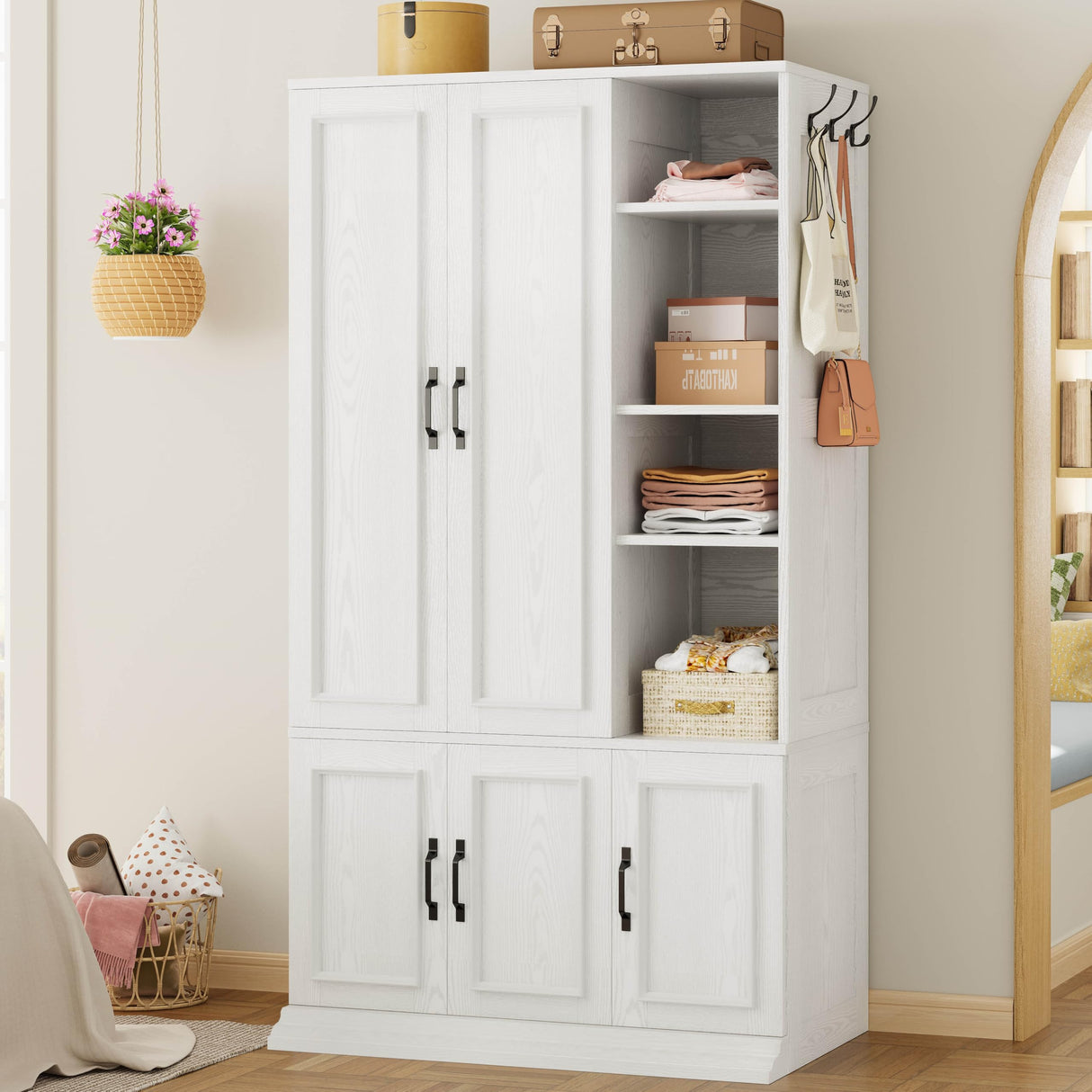 LIKIMIO Armoire Wardrobe Closet 70" H, 5 Doors Bedroom Wooden Wardrobe with 4 Storage Shelves and Hanging Rod, Clothing Storage Cabinet Organizer Combination, White LIKIMIO