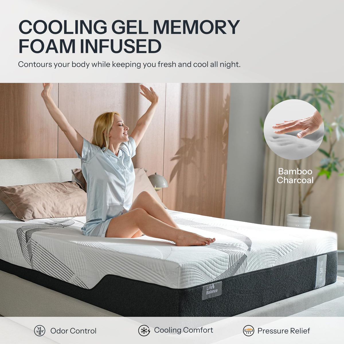 Life Balance 14 Inch Hybrid Mattress King Size, Plush Mattress for Side Sleepers, Cooling Bamboo Charcoal Gel Foam and Pocket Springs, Motion Isolation, Edge Support, CertiPUR-US, Made in USA Life Balance