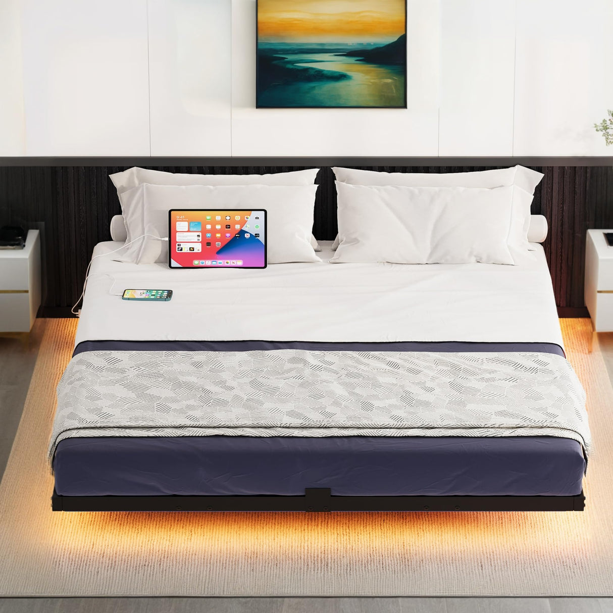 DWVO Queen Size Floating Bed Frame, LED Bed Frame with USB Port, Queen Metal Platform Bed with Heavy Duty Steel Slats, No Box Spring Needed, Easy Assembly, Black DWVO