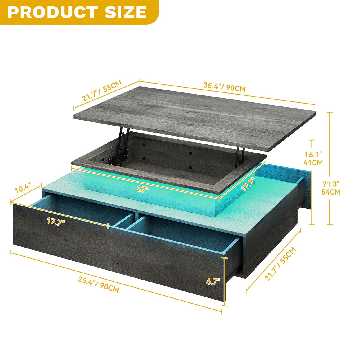 DWVO LED Lift Top Coffee Tables for Living Room, Rectangular Coffee Table with 4 Spacious Drawers, Modern Center Table with Lifting Top for Home Decor, Grey DWVO