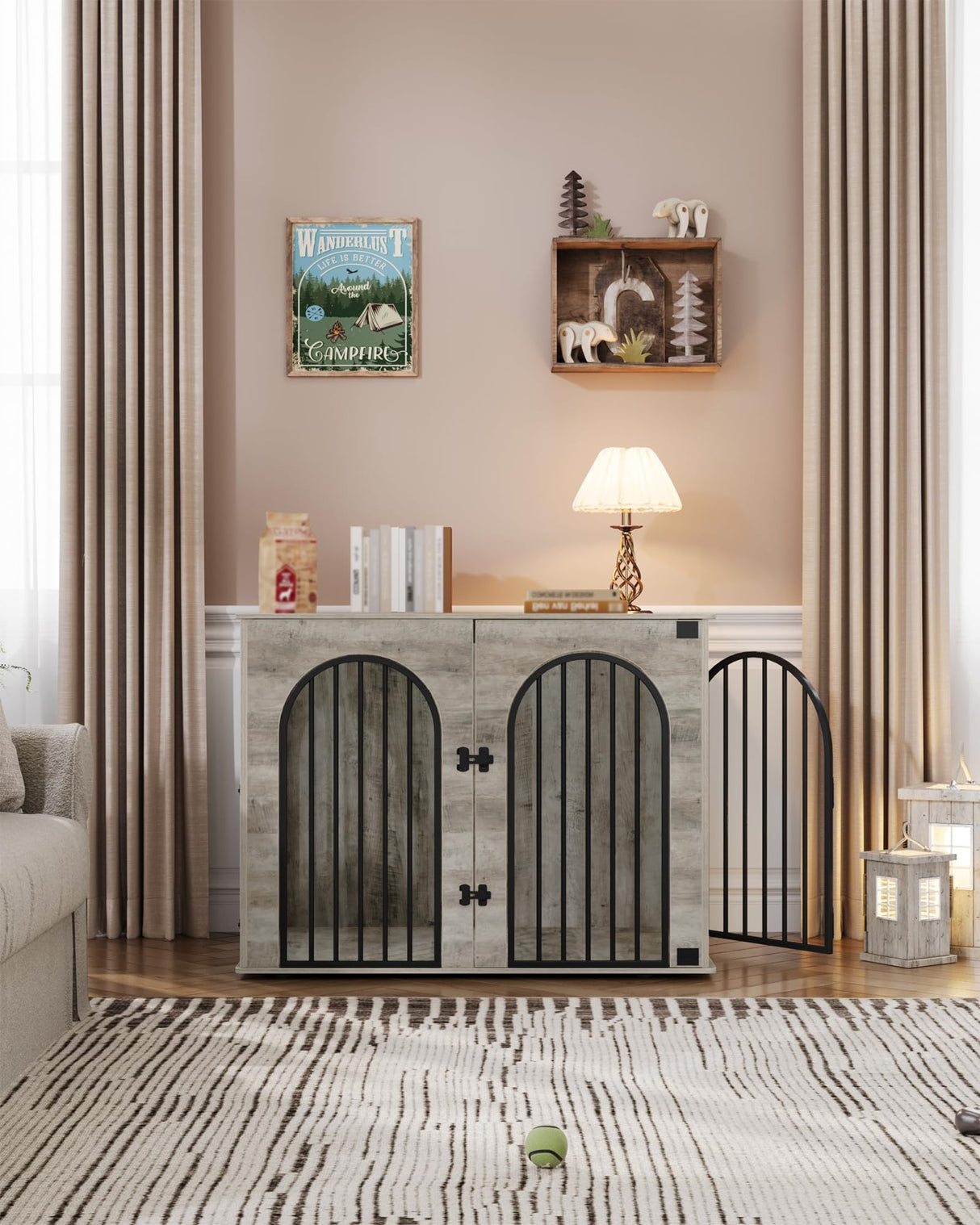 Hzuaneri 44.1" Dog Crate Furniture, Dog Kennel Indoor Arched Door Design, Wooden Dog Crate Furniture for Small/Medium/Large Dog, Side Table, TV Stand, Anti-Chew, Anti-Escape, Greige Black Hzuaneri