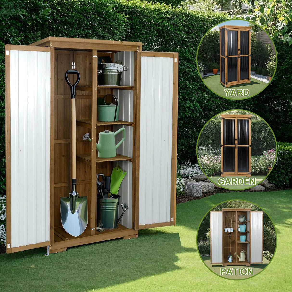 Outdoor Storage Cabinet,Wood & Metal Storage Shed with Lockable Doors & Adjustable Shelves,Vertical Outdoor Cabinets for Patio Backyard, Gardening Tools and Accessories,Brown Magazoopet