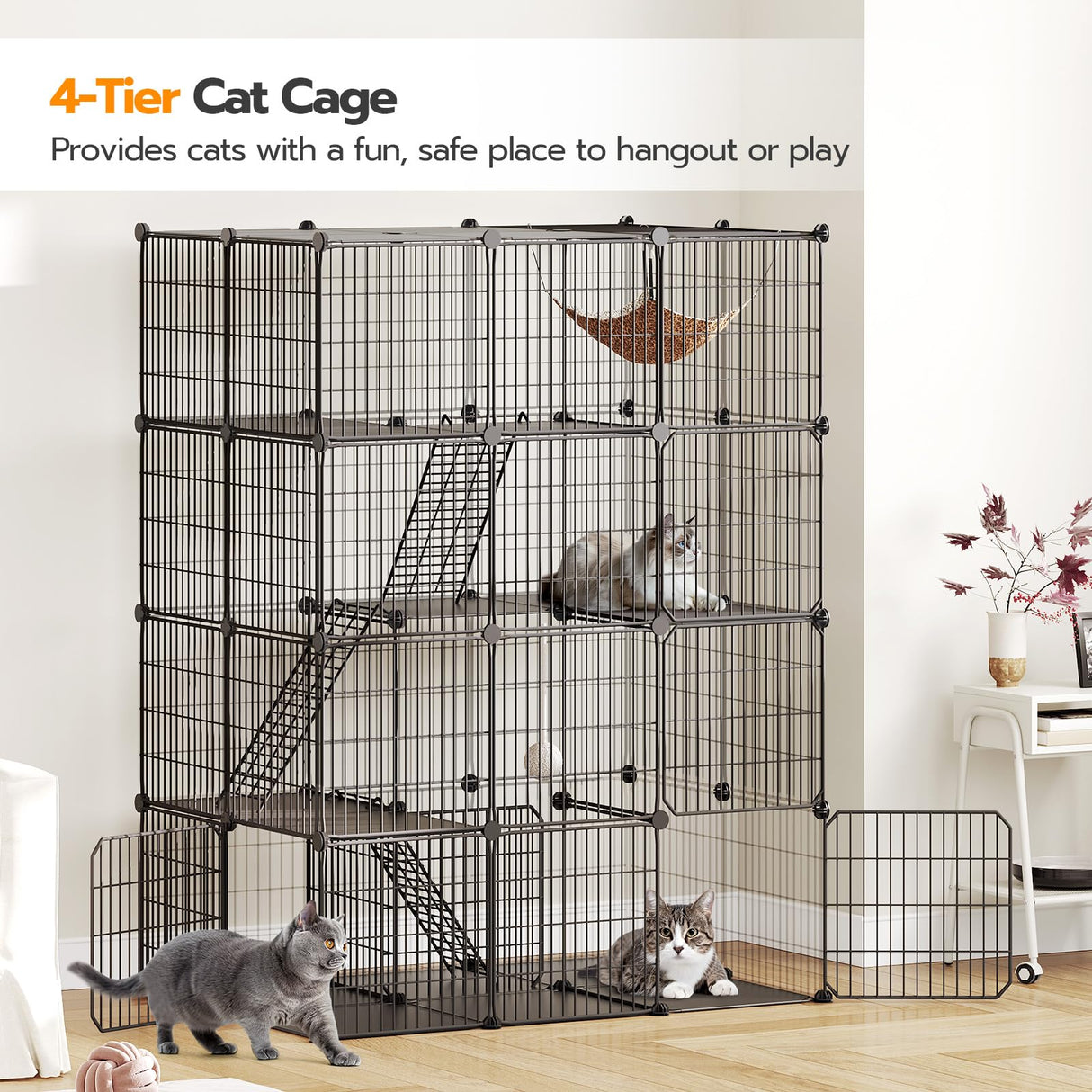 Large Cat Cage, 4-Tier Cat Enclosures Indoor, DIY Cat Kennel Detachable Metal Wire Catio Playpen with Hammock and Hanging Balls, for 1-3 Cats, Ease to Assembly, Black BK02PP03G1N1 HOOBRO