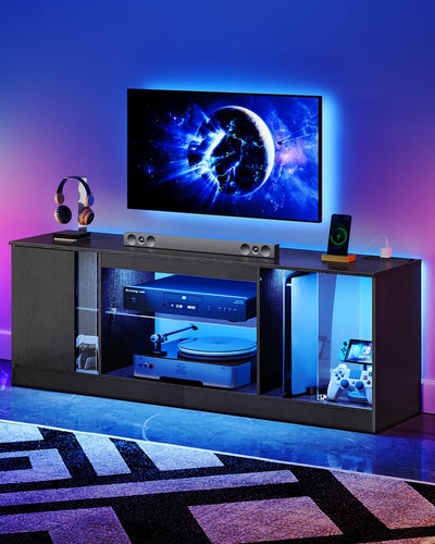 CHOEZON TV Stand with Power Outlets to 55 inch TV, Modern Entertainment Center with Multi-Color LED Light, Media TV Console with Adjustable Glass Shelves for Living Room, Bedroom, Black MDS01UDBB