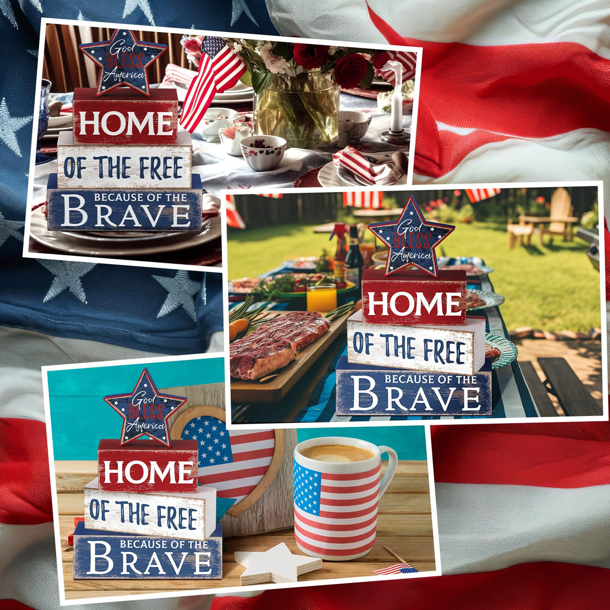 Huquary 4 Pcs Farmhouse 4th of July Patriotic Table Sign Independence Day Table Wood Decorations Patriotic Themed Rustic Farmhouse Wood Block Sign for Party Home Desk (Retro Star) Huquary