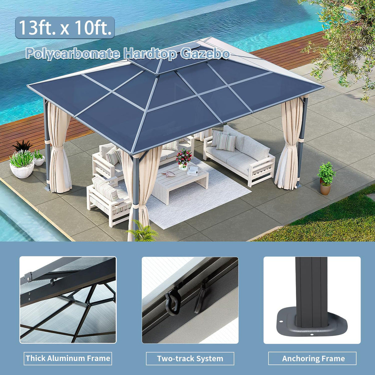 Aoxun 10'x13' Hardtop Gazebo, Outdoor Polycarbonate Double Roof Gazebo with Aluminum Frame Permanent Pavilion and Curtains & Netting for Backyard, Patio, Deck, Parties (Brown) Aoxun