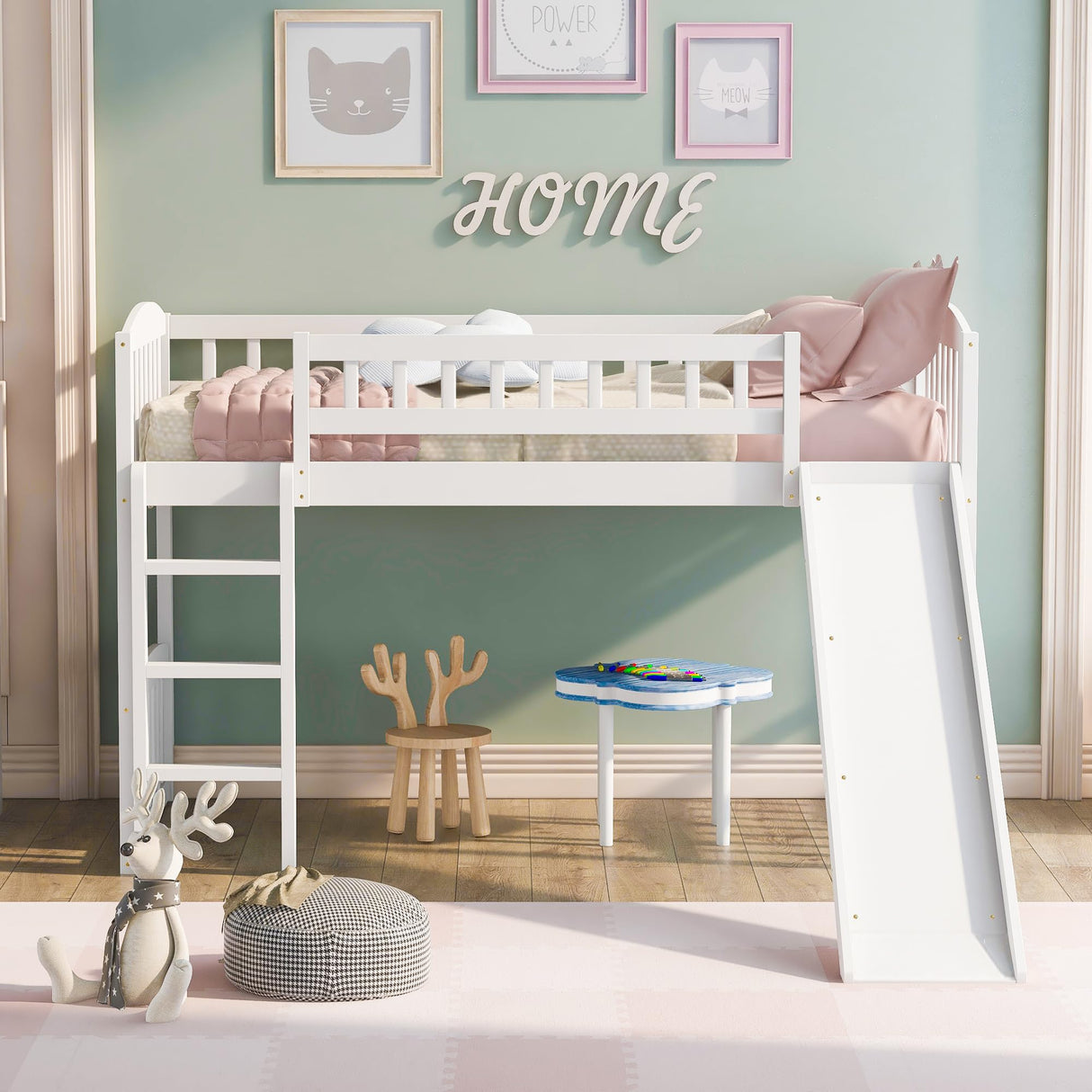 Merax Twin Size Loft Bed with Slide and Ladder, White Wooden Bed Frame, No Box Spring Needed Merax