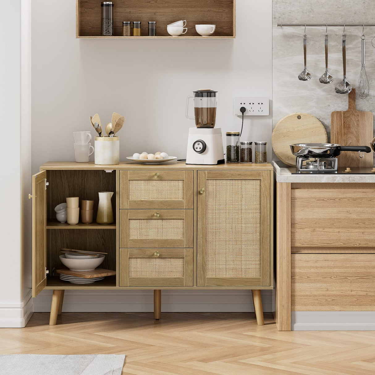 Giluta Sideboard Buffet Cabinet, 3 Drawers Rattan Cabinet with 2 Doors Boho Accent Storage Cabinet, Living Room Cupboard Console Table with Adjustable Shelves for Kitchen Giluta