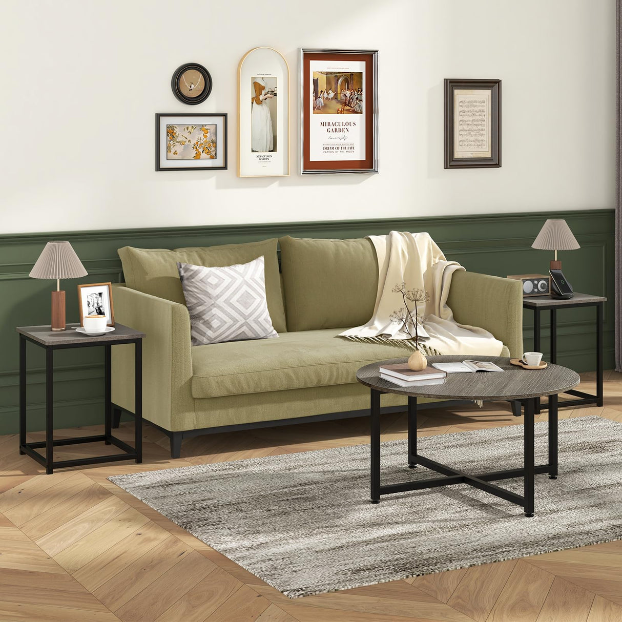 Giantex Round Nesting Table Set of 3, Farmhouse Coffee Table w/2 End Tables, Sturdy Metal Frame, 3-Piece Wooden Living Room Table Set for Home Office, Apartment (Black Oak) Giantex