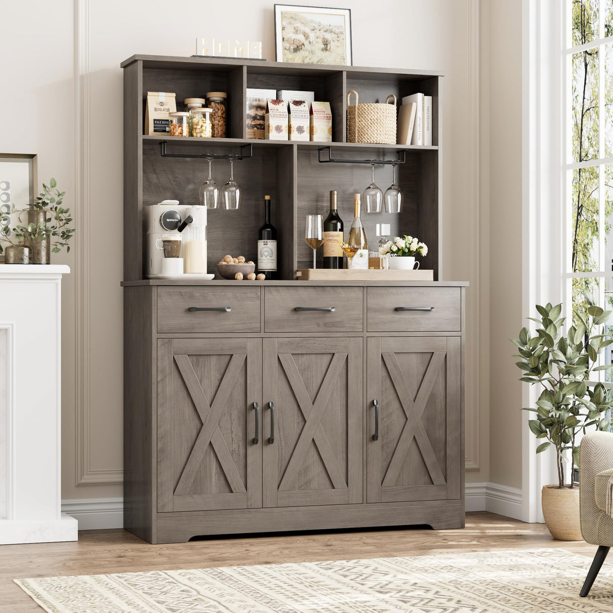 HOSTACK Buffet Cabinet with Hutch, Modern Farmhouse Kitchen Buffet Sideboard Storage Cabinet with 3 Drawers, Barn Door Coffee Bar Station, Liquor Cabinet for Dining Room, Living Room, Ash Grey HOSTACK