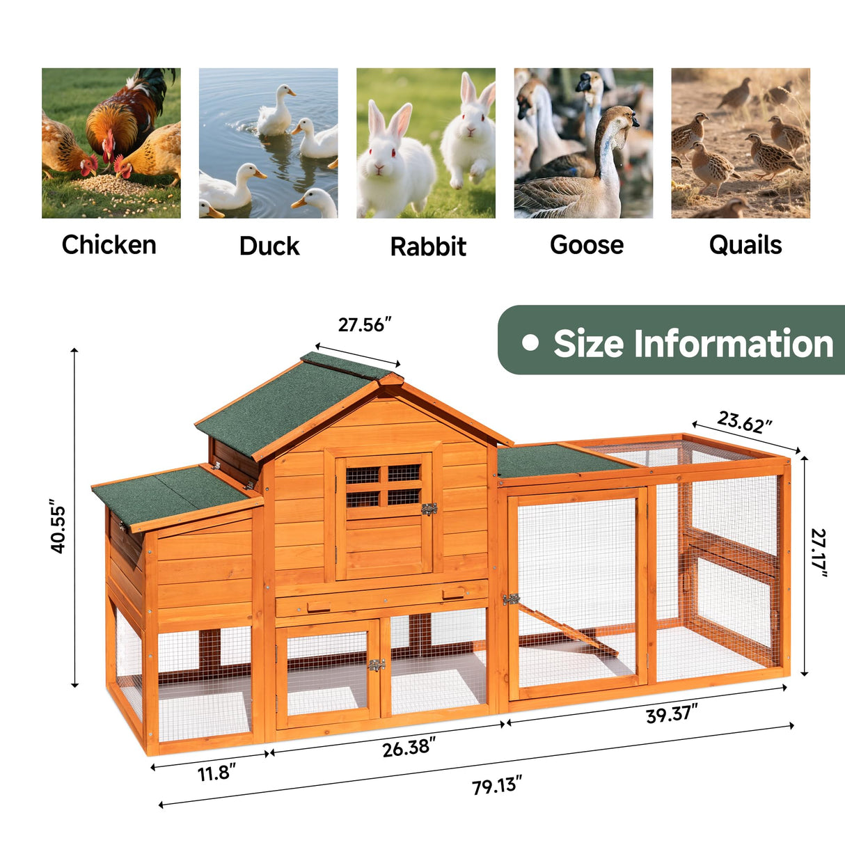 GARWOOD Large Wooden Chicken Coop Outdoor Big Hen House Poultry Pet Duck Hutch with Run Cage Nesting Box Waterproof Asphalt Roof Ramp Removable Tray Wire Fence for Backyard Small Animals 79" Brown GARWOOD
