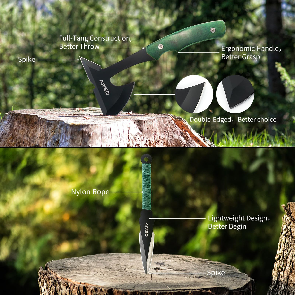 OSAIV Throwing Axes Set, Full Tang Stainless Steel Well Balanced Hatchet with Wooden Handle, 8.8in Double Bit Axe for Backyard Recreation and Competition, 3 Pack with Storage Bag and Whetstone osaiv