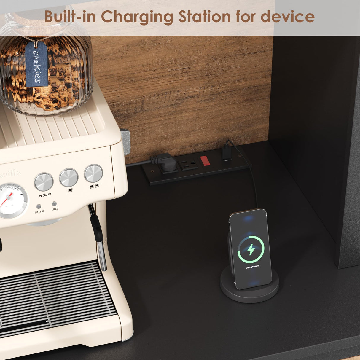 FINETONES 71" Pantry Cabinet with LED Light and Charging Station, Kitchen Pantry Cabinet with Glass Doors and Microwave Stand, Kitchen Cabinets Hutch Cupboard with Doors and Shelves, Black/Brown FINETONES