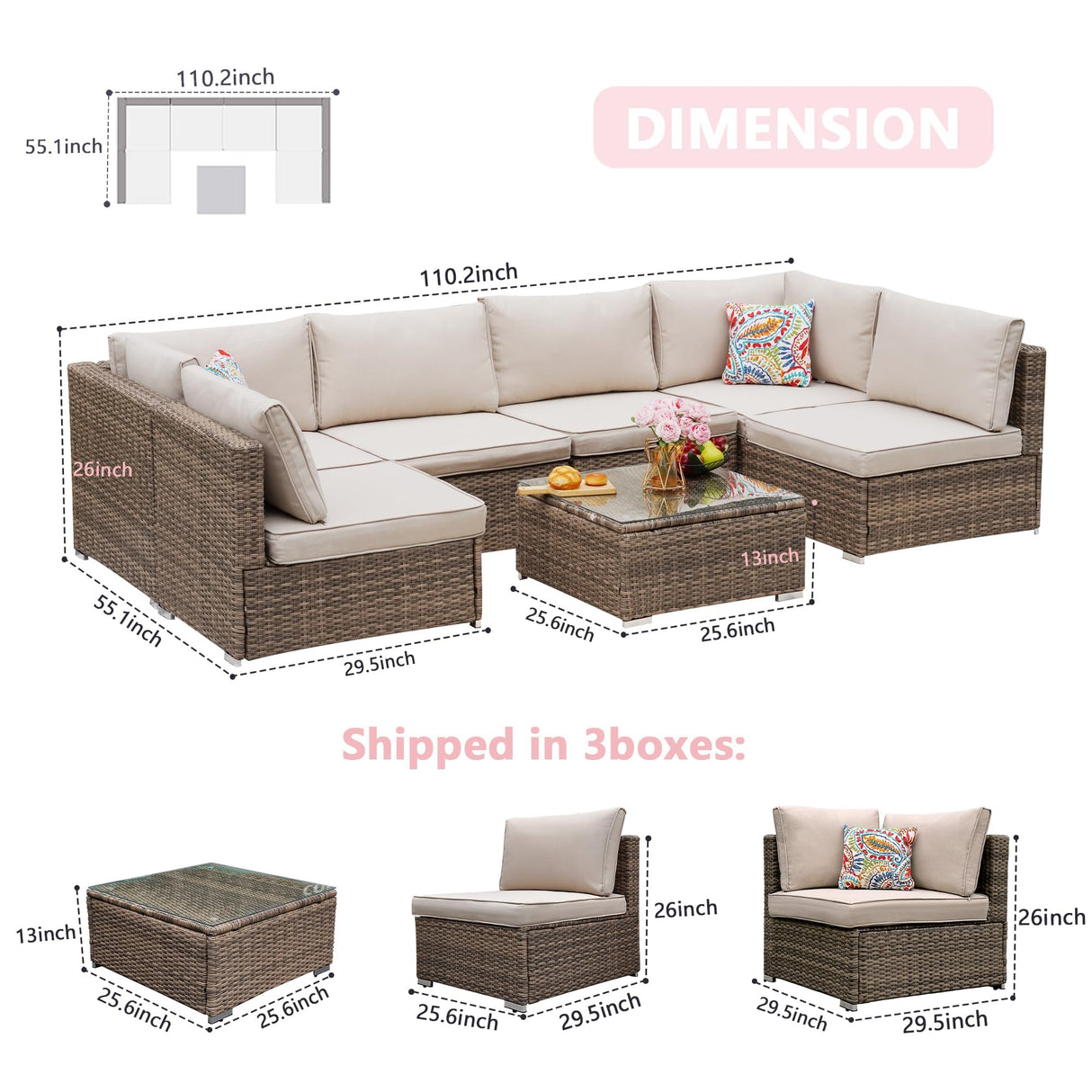 ZJEYEJZ 7 Pieces Patio Furniture Set - All-Weather Outdoor Wicker Sectional Conversation Sofa, Rattan Patio Seating Sofa Set with Cushion and Glass Table for Porch Poolside, Brown/Beige ZJEYEJZ