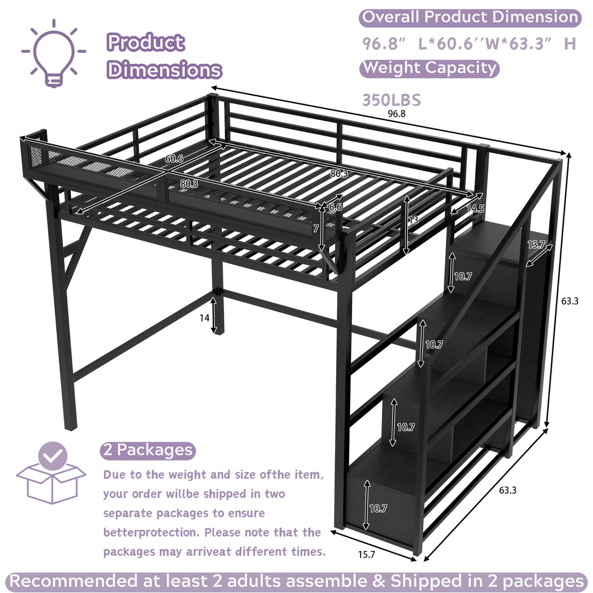 Queen Loft Beds with Storage Beside Shelves and Wardrobe, Metal Loft Bed Queen with LED Lights and USB Ports, Heavy-Duty Loft Bed Frame for Teens, Adults, Noise-Free & Space-Saving, Metal Black Bellemave