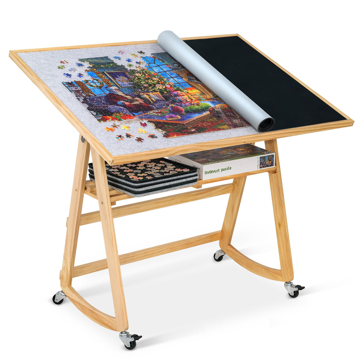 Lavievert 1500 Piece Jigsaw Puzzle Table with Legs & Cover, Adjustable Wooden Puzzle Board Easel with Storage Shelf, Portable Tilting Puzzle Table with 4 Rolling Wheels for Adults LAVIEVERT