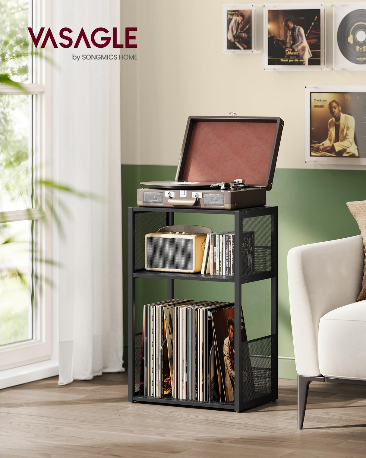 VASAGLE Record Player Stand, 3-Tier Side Table, Vinyl Record Storage up to 100 Albums, End Table for Living Room, Bedroom, Ebony Black ULET275B01 VASAGLE
