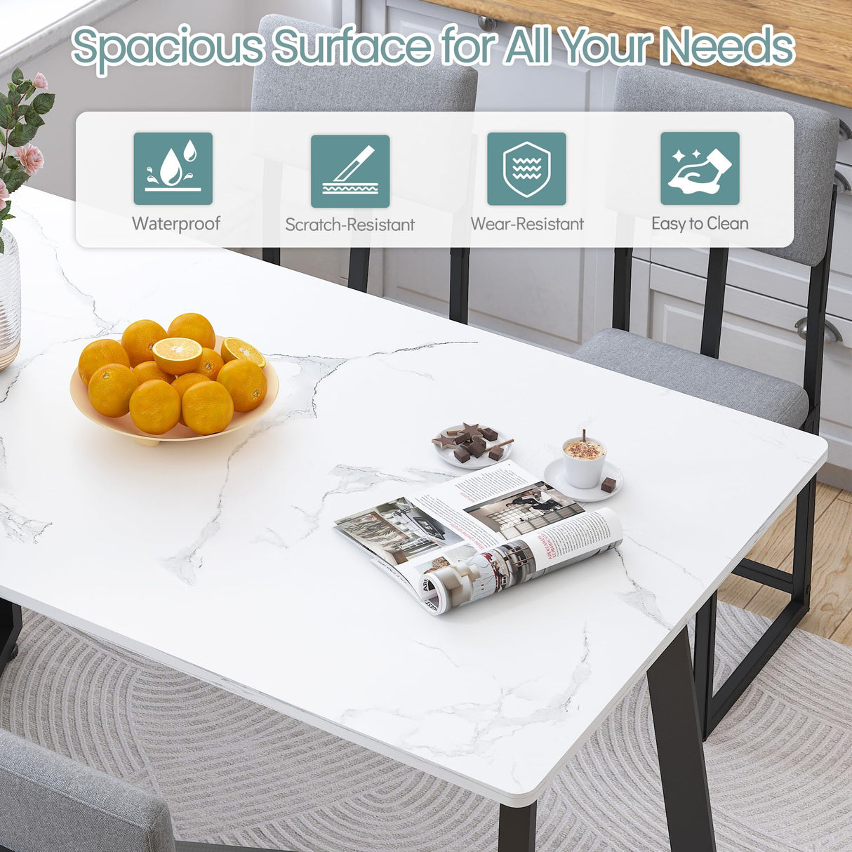 HUGROVE 5-Piece Dining Table Set, 47.27'' Faux Marble Rectangular Table with 4 Linen Upholstered Dining Chairs, Modern Kitchen & Dining Room Furniture for Apartment (Silver) HUGROVE