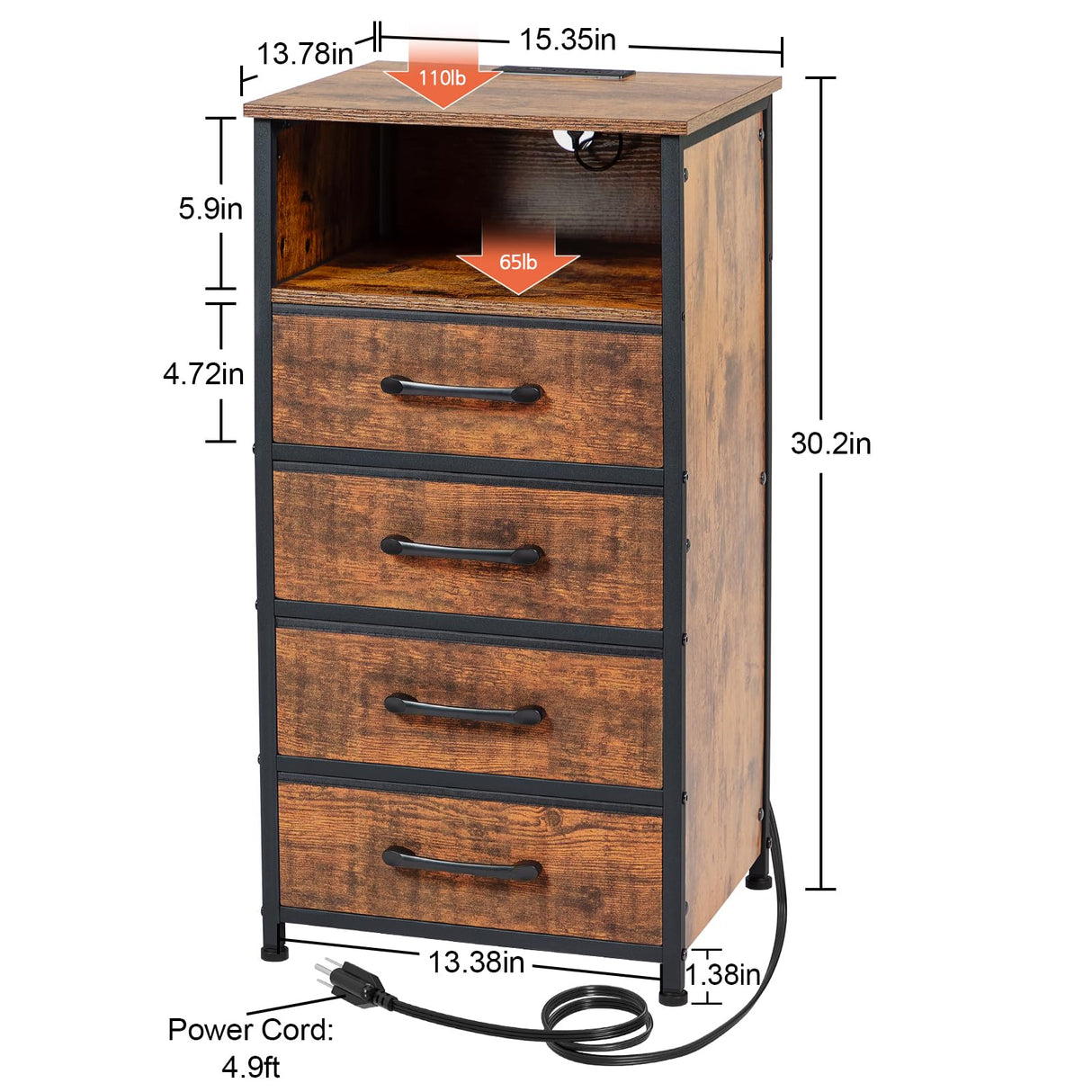 LOAKEKEL Night Stand Set 2, Tall Nightstand with Charging Station, Dresser for Bedroom with 4 Drawers, LED End Tables with USB Ports and Outlets, Rustic Brown, HNS034PBR LOAKEKEL