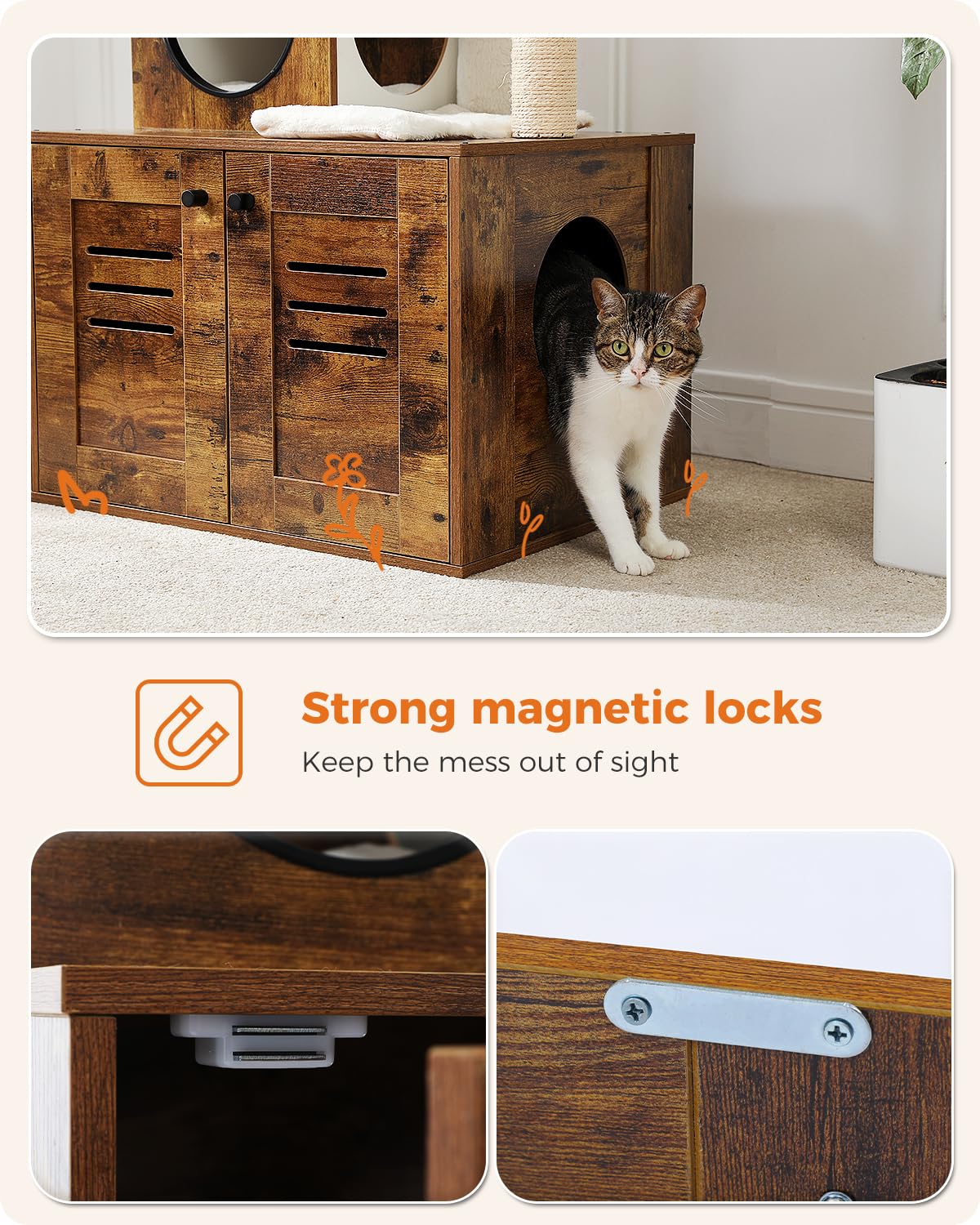 MUTTROS Cat Tree with Litter Box Enclosure, 50" Modern Cat Tree for Large/Fat Cats with Cat Condo, Wooden Cat Furniture with Large Hammock and Top Perch, Rustic Brown MUTTROS