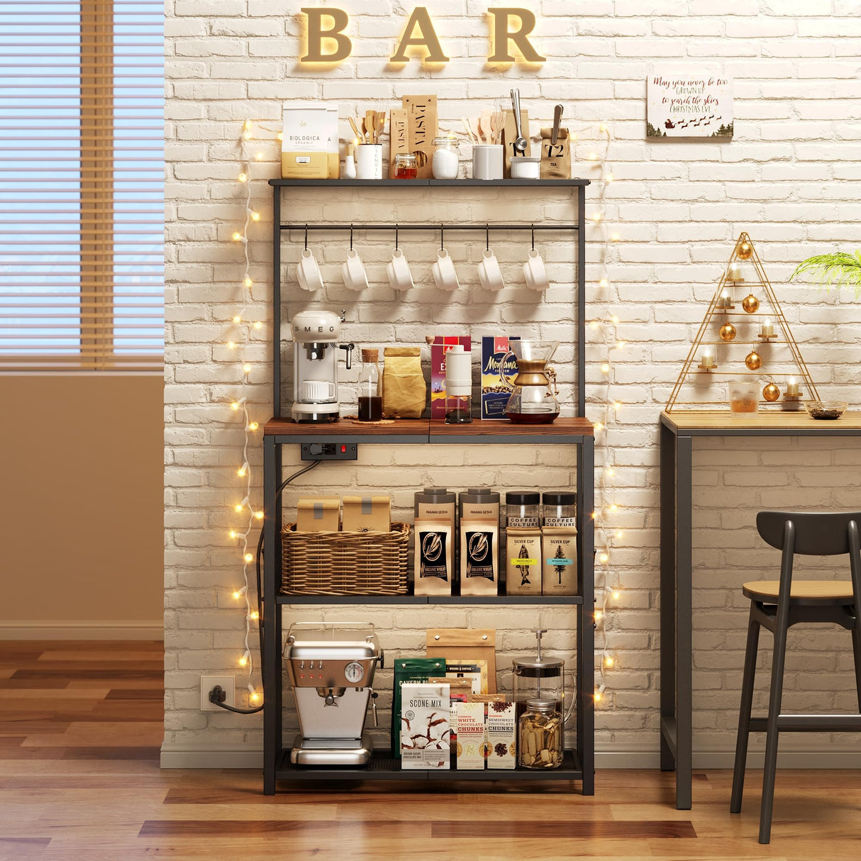 Txecpro kitchen Bakers Rack with Power Outlet, Coffee Bar Table 4 Tiers, Microwave Stand with 6 S-shaped Hooks, Kitchen Storage Shelf Rack for Spices, Pots and Pans,25.6" L x 12" W x 53.5" H Txecpro