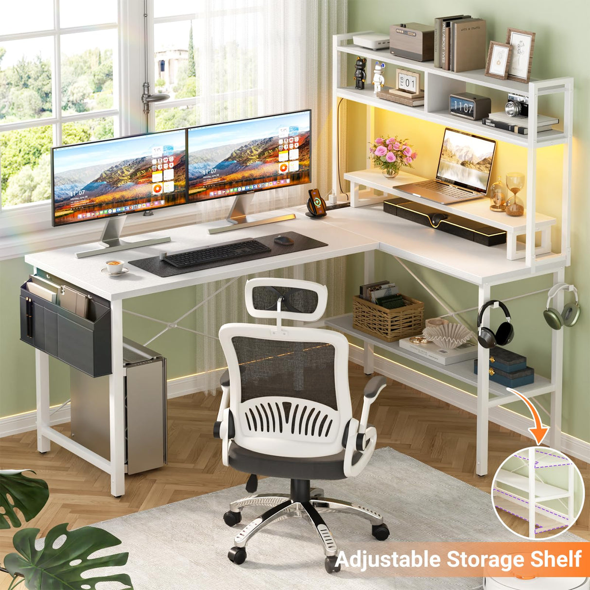 Aheaplus L Shaped Gaming Desk with Power Outlets & LED Lights, Small L- Shaped Desk Computer Corner Desk with Monitor Stand & Storage Shelf, Home Office Desk Writing Desk with Storage Bag, White Aheaplus