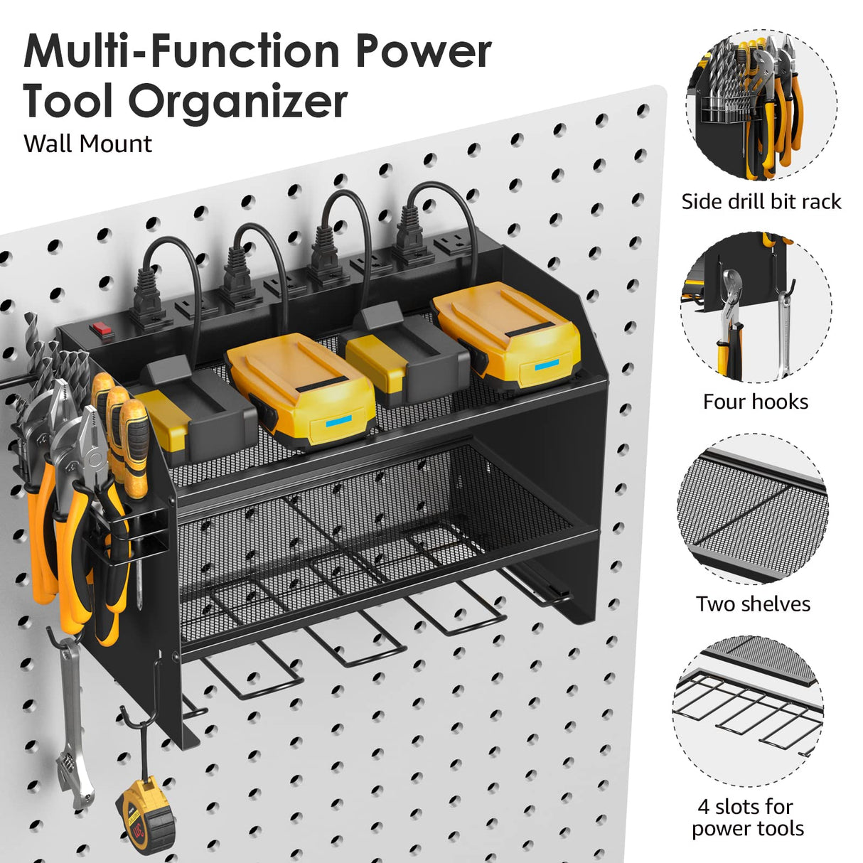 CCCEI Modular Power Tool Organizer Wall Mount with Charging Station. Garage Drill Storage Shelf with Hooks, Heavy Duty Rack, Tool Battery Holder Built in 8 Outlet. Gift for Men. Black, 1 Pack. CCCEI