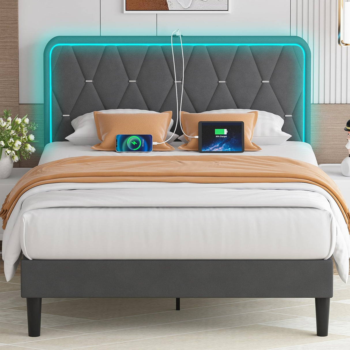VECELO Dark Grey Upholstered Full Bed Frame with Adjustable Headboard, LED Lights & Integrated Charging Station VECELO