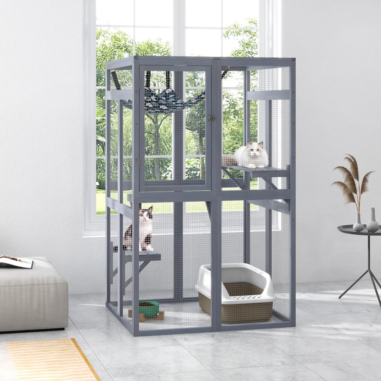 COZIWOW Catio Outdoor Cat Enclosure Window Access, Wooden Cat House Shelter, Kitty Cage with 3 Platforms for Patio Indoor (Grey) COZIWOW