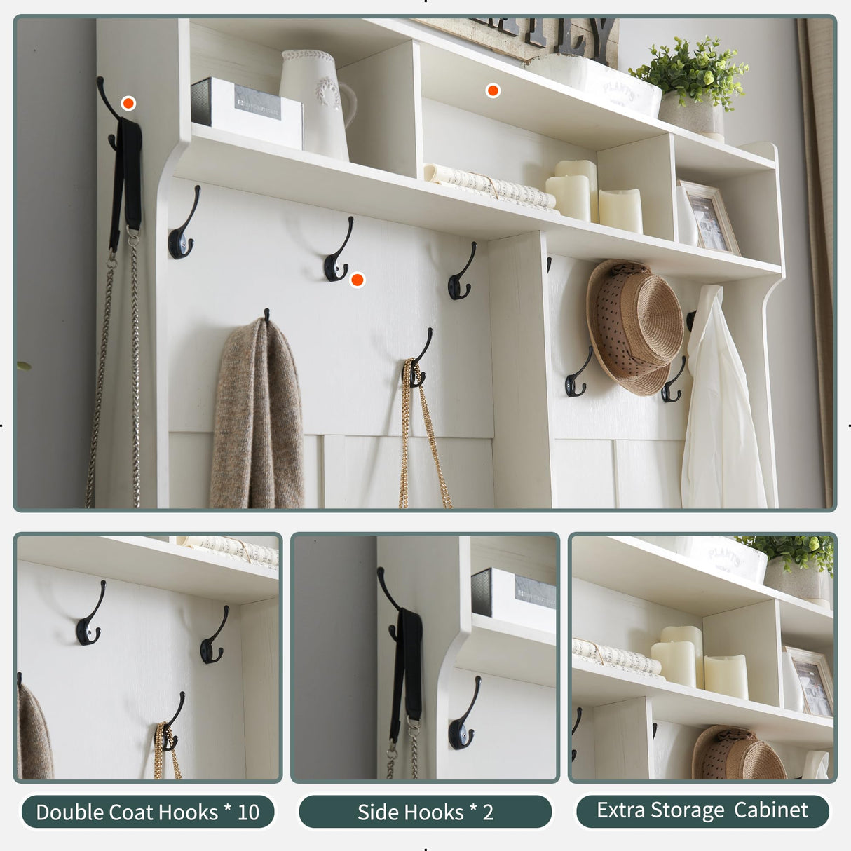 JXQTLINGMU Farmhouse Entryway Bench with Coat Rack, 20 Shoe Cubbies & 12 Coat Hooks, 59" Wide Hall Tree with Shoe Storage Bench, Sliding Barn Doors, Mudroom Storage Cabinet, Off White JXQTLINGMU