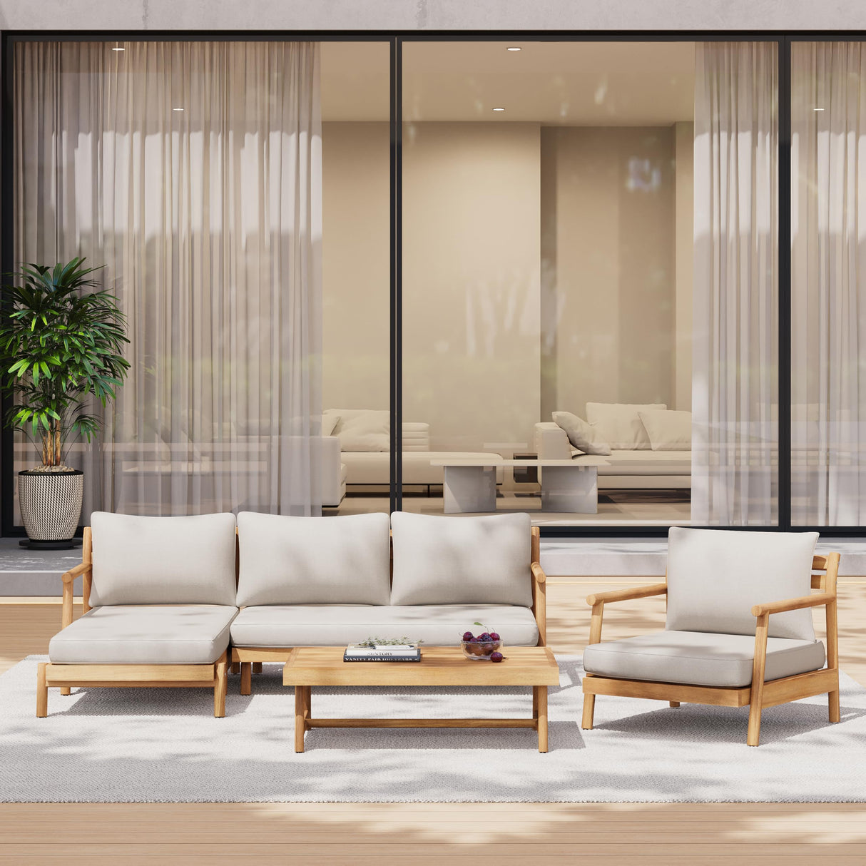 Christopher Knight Home Jorine Patio Chat Set, Acacia Wood Accent Chair, Slat Panel Coffee Table, Sectional L Shaped Sofa, Loveseat and Lounge Chair, Outdoor Conversation Set for Yard, Teak+Beige Christopher Knight Home