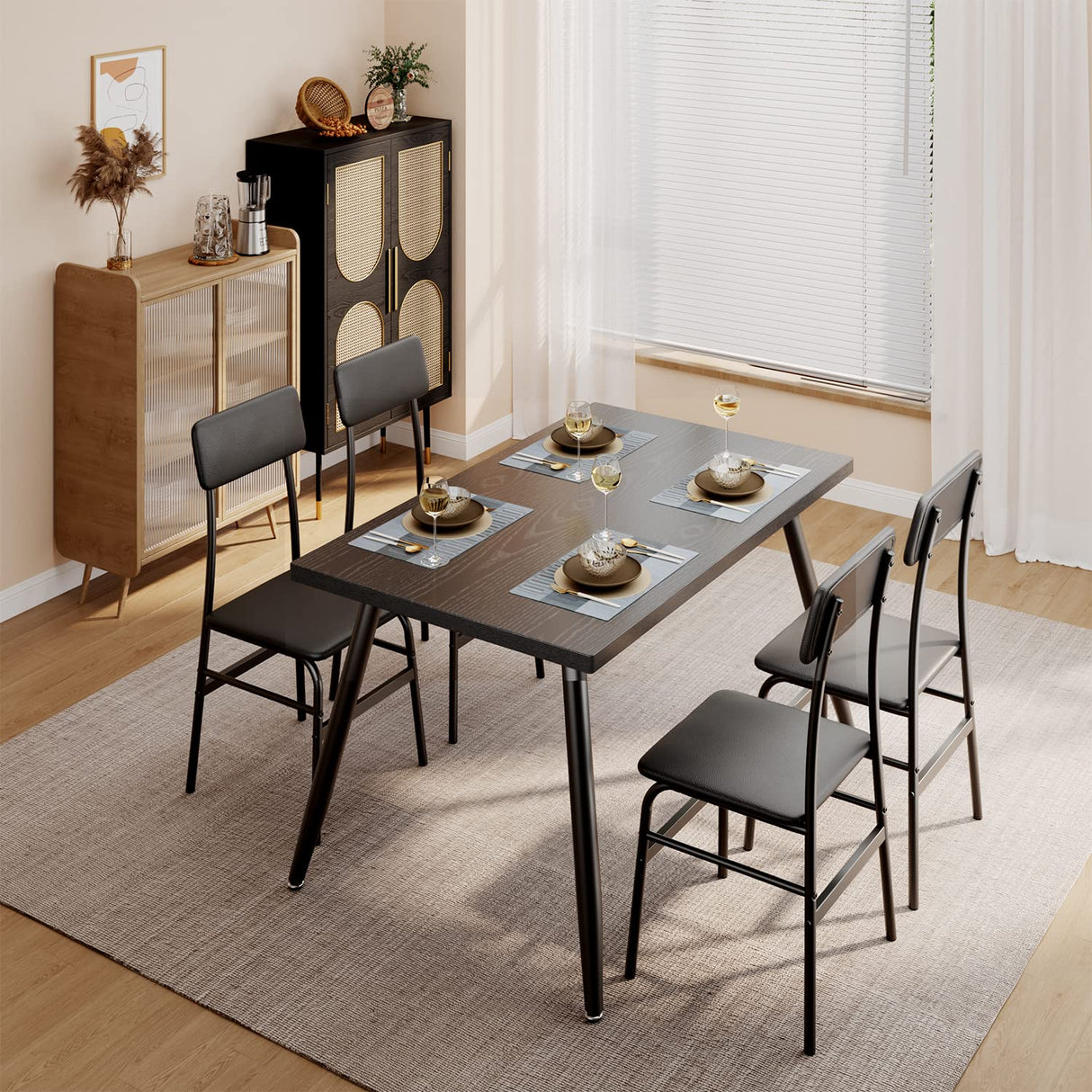 Gizoon 5 Piece Dining Table Set for 4, Modern Metal & Wood Kitchen Dinner Table with 4 Chairs, Space-Saving Dining Room Furniture Table & Chair Sets for Small Spaces & Apartment, Black Gizoon