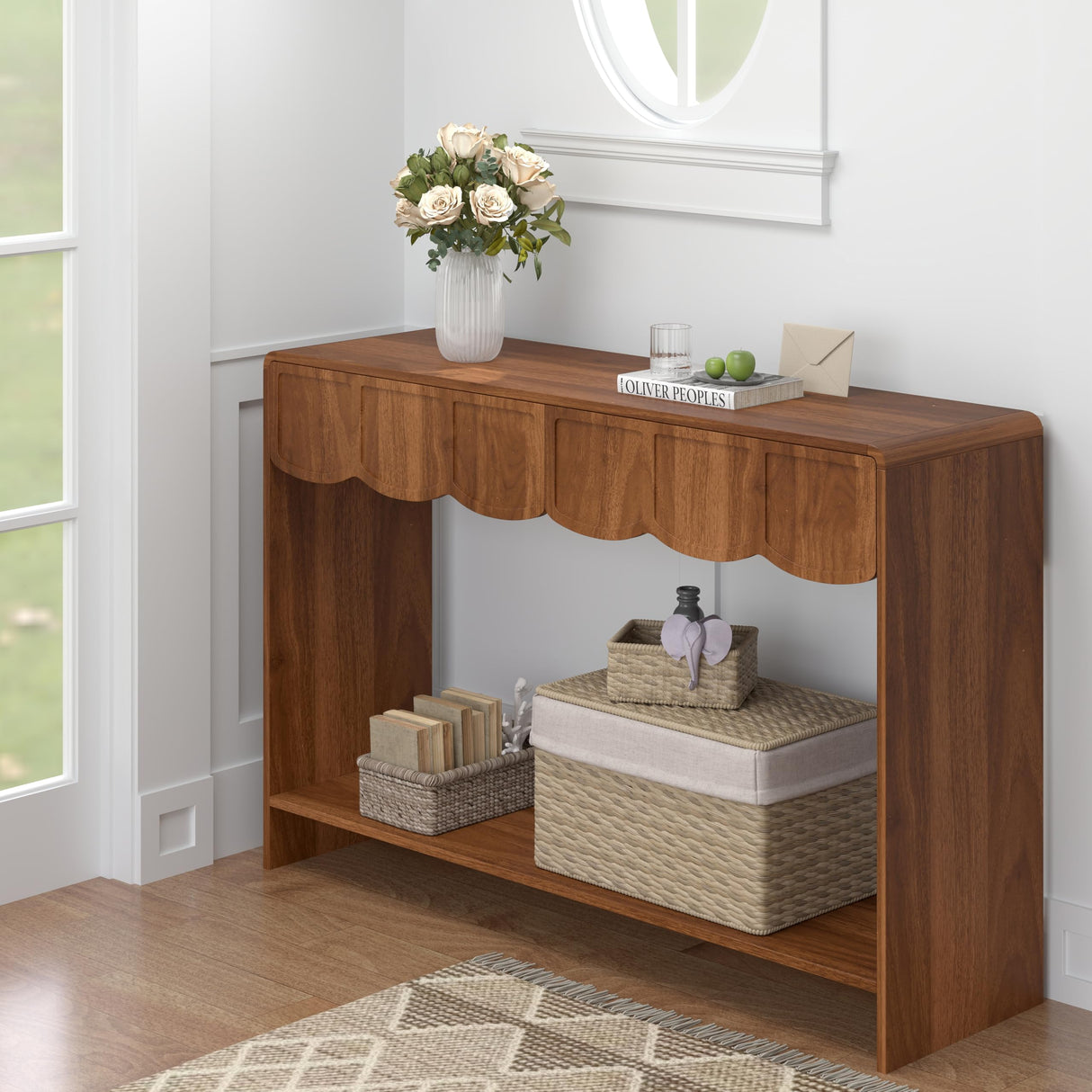 Console Table with Drawers, Mid-Century 43 Inches Narrow Entryway Table with Open Storage Shelves, Hallway Accent Table Behind Couch Table for Living Room - Walnut ORRD