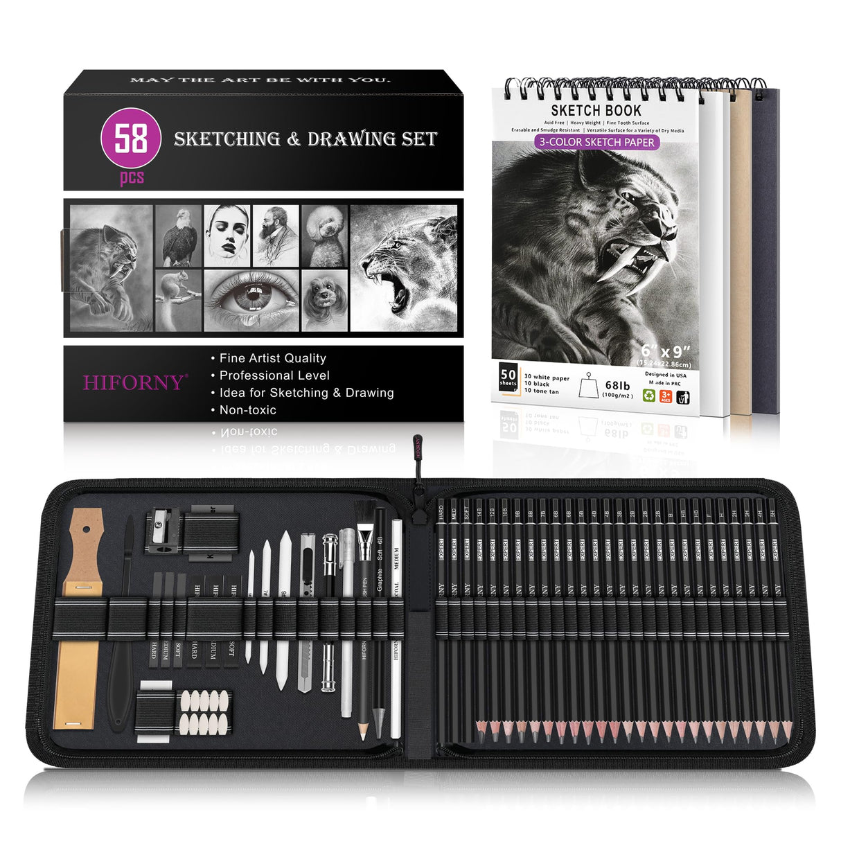 HIFORNY 58 PCS Drawing Kit Sketching Pencil Set,Sketch Pencils Art Supplies with 3-Color Sketchbook,Graphite,Charcoal,Blending Tools,Drawing Pencils for Adults Artists HIFORNY