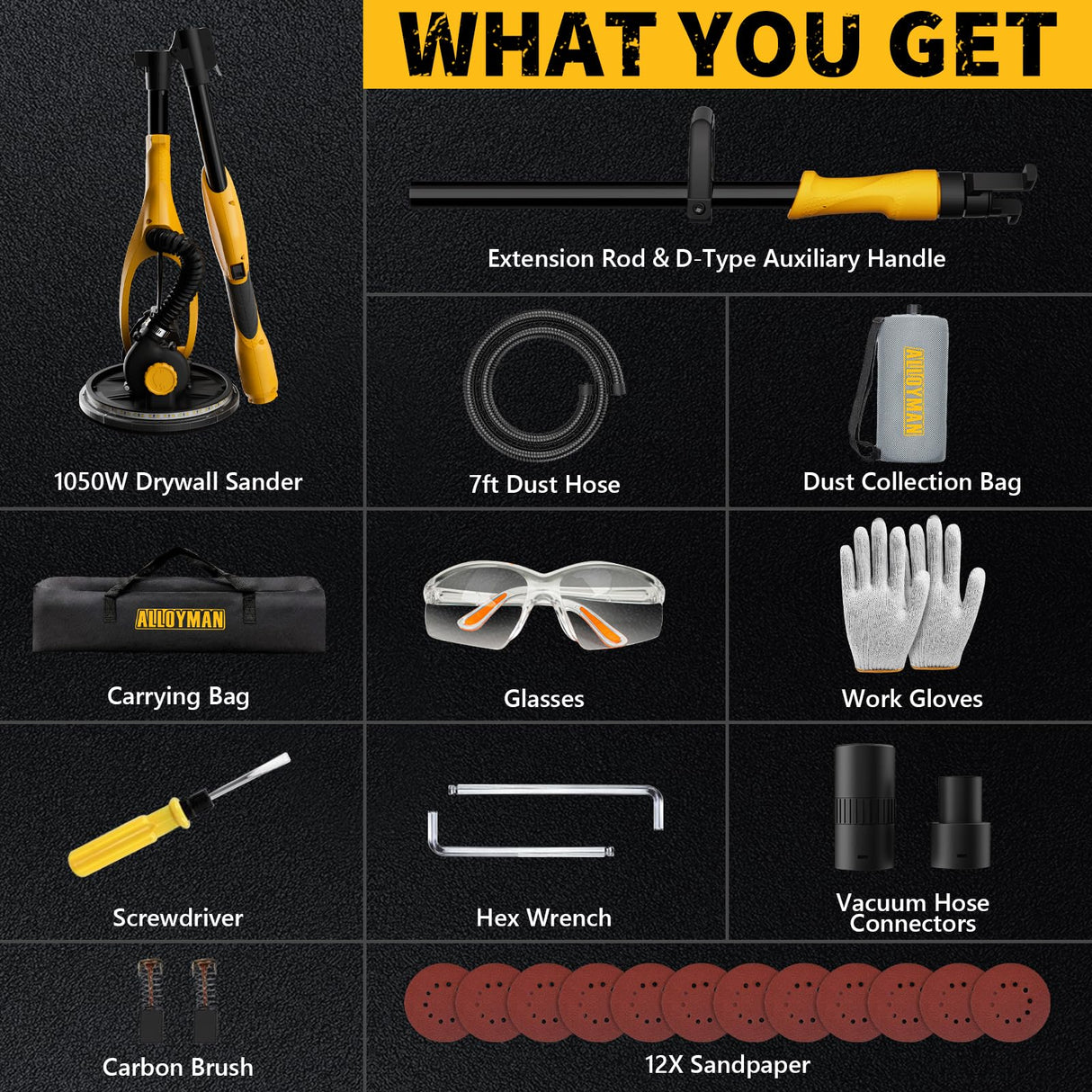 Drywall Sander, 1050W Electric Drywall Sander with Vacuum Dust Collection, 2100RPM Wall Sander with 7 Variable Speed, Foldable & Extendable Handle, Double-Deck LED Light, Dust Bag and Hose Alloyman